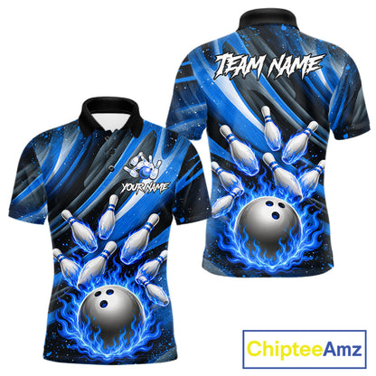 Custom Blue Flaming Silver Bowling Jersey For Men, Bowling League Team Shirts Polo & Quarter Zip TDM6549