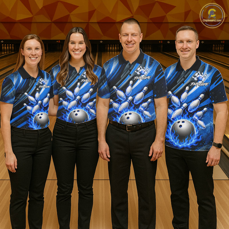 Custom Blue Flaming Silver Bowling Jersey For Women, Bowling League Team Shirts Polo & Quarter Zip TDM6549