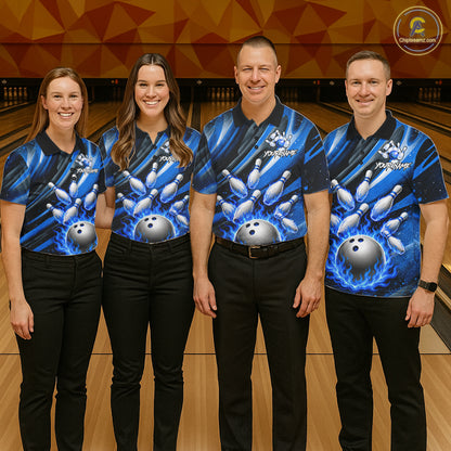 Custom Blue Flaming Silver Bowling Jersey For Women, Bowling League Team Shirts Polo & Quarter Zip TDM6549
