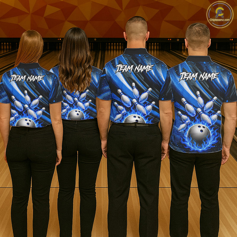 Custom Blue Flaming Silver Bowling Jersey For Women, Bowling League Team Shirts Polo & Quarter Zip TDM6549