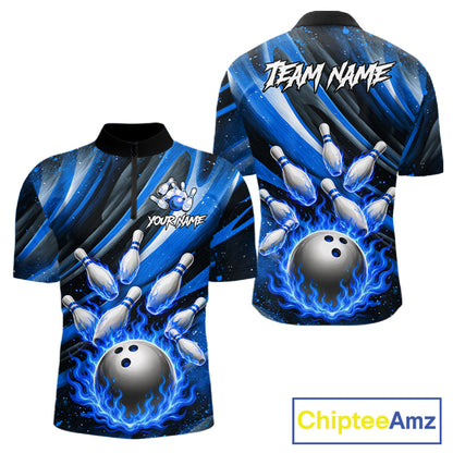 Custom Blue Flaming Silver Bowling Jersey For Men, Bowling League Team Shirts Polo & Quarter Zip TDM6549