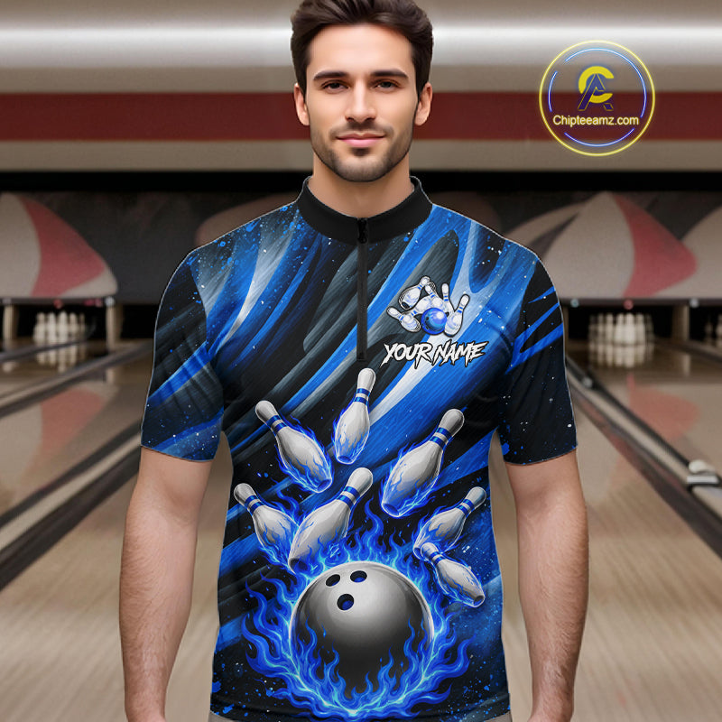 Custom Blue Flaming Silver Bowling Jersey For Men, Bowling League Team Shirts Polo & Quarter Zip TDM6549