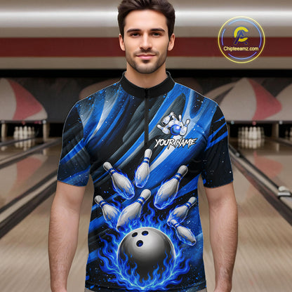 Custom Blue Flaming Silver Bowling Jersey For Men, Bowling League Team Shirts Polo & Quarter Zip TDM6549