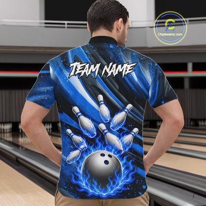 Custom Blue Flaming Silver Bowling Jersey For Men, Bowling League Team Shirts Polo & Quarter Zip TDM6549