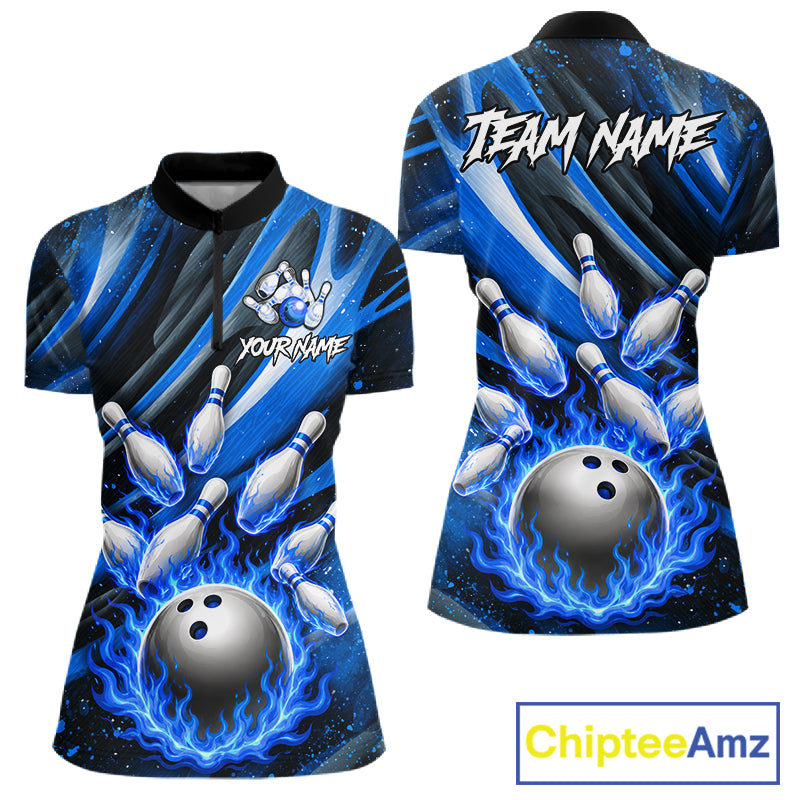 Custom Blue Flaming Silver Bowling Jersey For Women, Bowling League Team Shirts Polo & Quarter Zip TDM6549