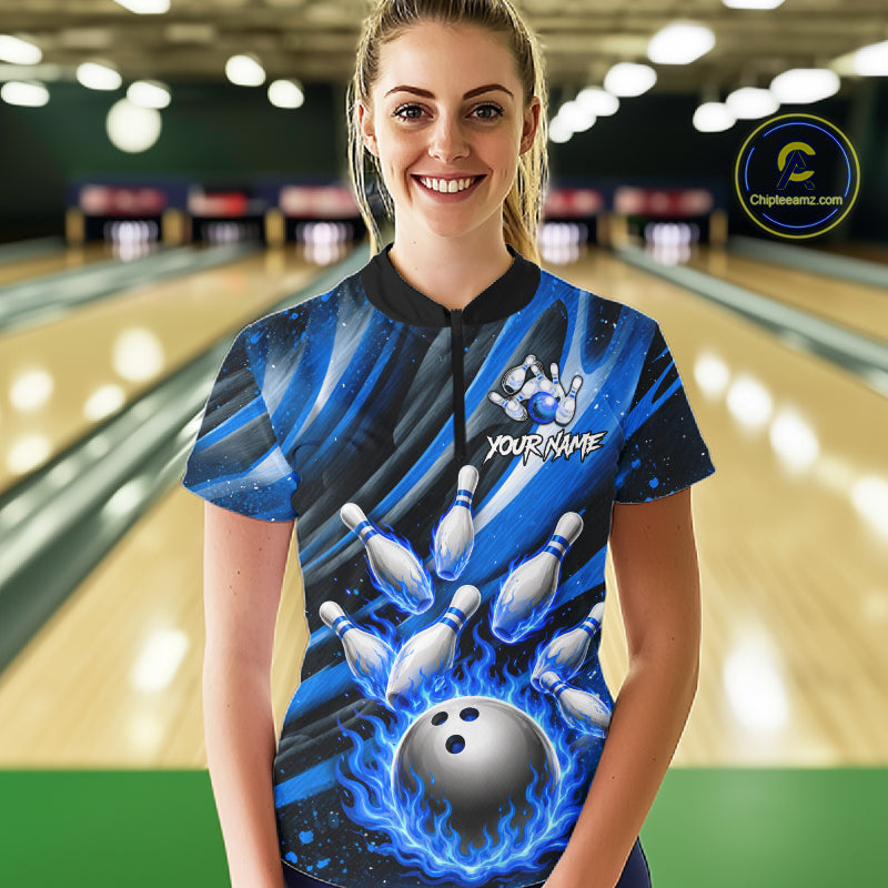 Custom Blue Flaming Silver Bowling Jersey For Women, Bowling League Team Shirts Polo & Quarter Zip TDM6549