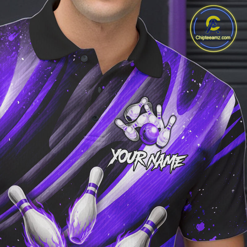 Custom Purple Flaming Silver Bowling Jersey For Men, Bowling League Team Shirts Polo & Quarter Zip TDM6550