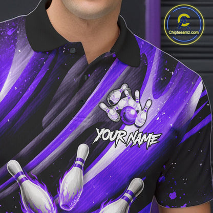 Custom Purple Flaming Silver Bowling Jersey For Men, Bowling League Team Shirts Polo & Quarter Zip TDM6550