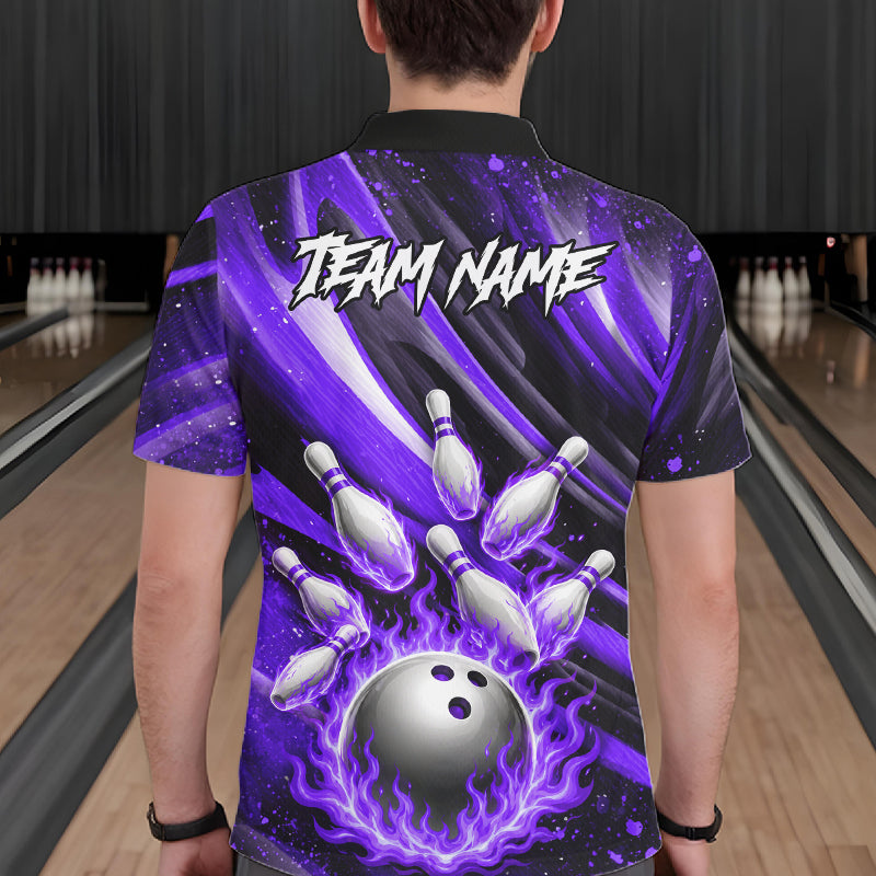 Custom Purple Flaming Silver Bowling Jersey For Men, Bowling League Team Shirts Polo & Quarter Zip TDM6550