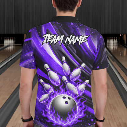 Custom Purple Flaming Silver Bowling Jersey For Men, Bowling League Team Shirts Polo & Quarter Zip TDM6550