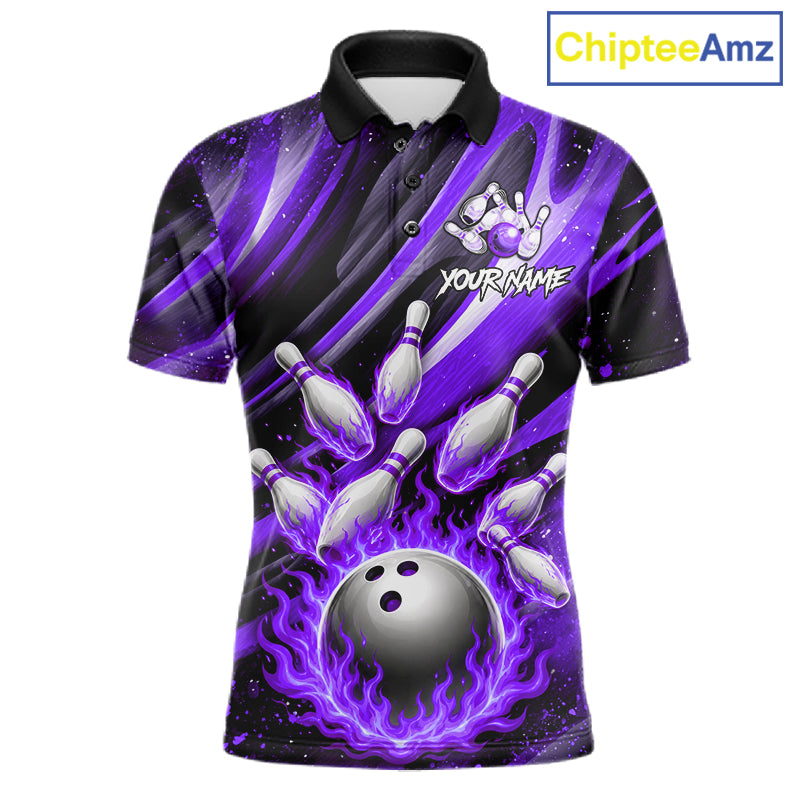 Custom Purple Flaming Silver Bowling Jersey For Men, Bowling League Team Shirts Polo & Quarter Zip TDM6550