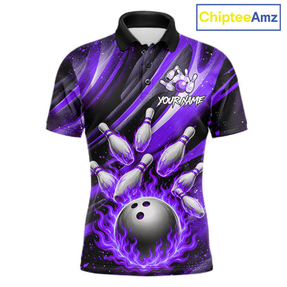 Custom Purple Flaming Silver Bowling Jersey For Men, Bowling League Team Shirts Polo & Quarter Zip TDM6550