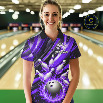 Custom Purple Flaming Silver Bowling Jersey For Women, Bowling League Team Shirts Polo & Quarter Zip TDM6550