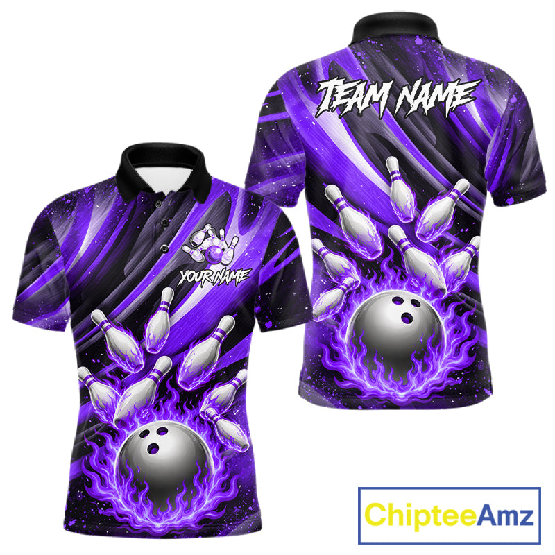 Custom Purple Flaming Silver Bowling Jersey For Men, Bowling League Team Shirts Polo & Quarter Zip TDM6550