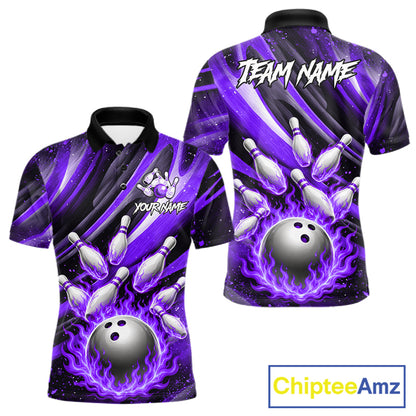 Custom Purple Flaming Silver Bowling Jersey For Men, Bowling League Team Shirts Polo & Quarter Zip TDM6550