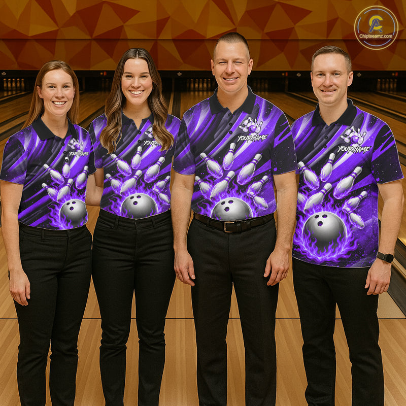 Custom Purple Flaming Silver Bowling Jersey For Women, Bowling League Team Shirts Polo & Quarter Zip TDM6550
