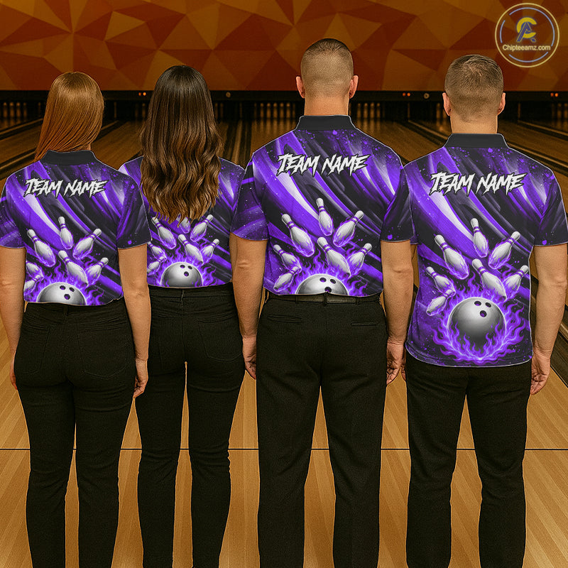 Custom Purple Flaming Silver Bowling Jersey For Women, Bowling League Team Shirts Polo & Quarter Zip TDM6550