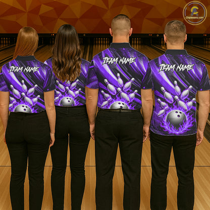Custom Purple Flaming Silver Bowling Jersey For Women, Bowling League Team Shirts Polo & Quarter Zip TDM6550