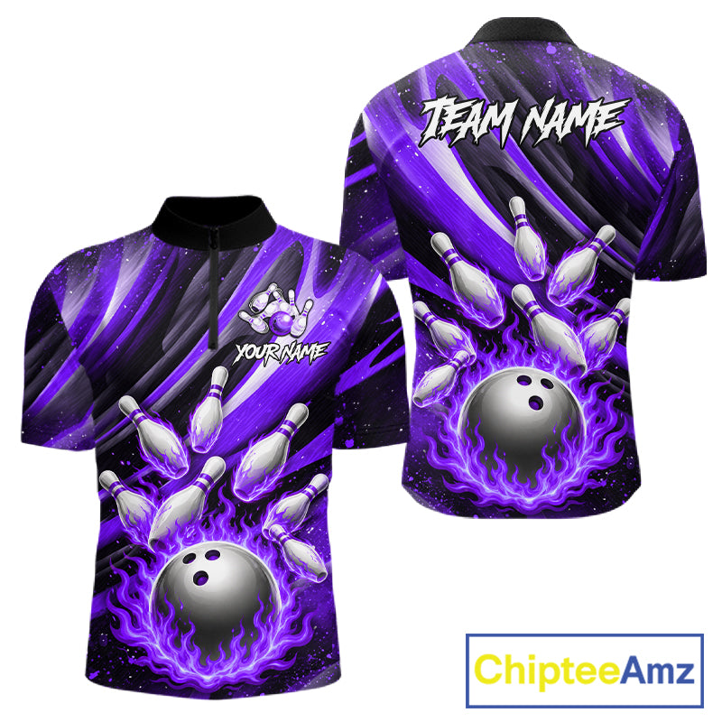 Custom Purple Flaming Silver Bowling Jersey For Men, Bowling League Team Shirts Polo & Quarter Zip TDM6550