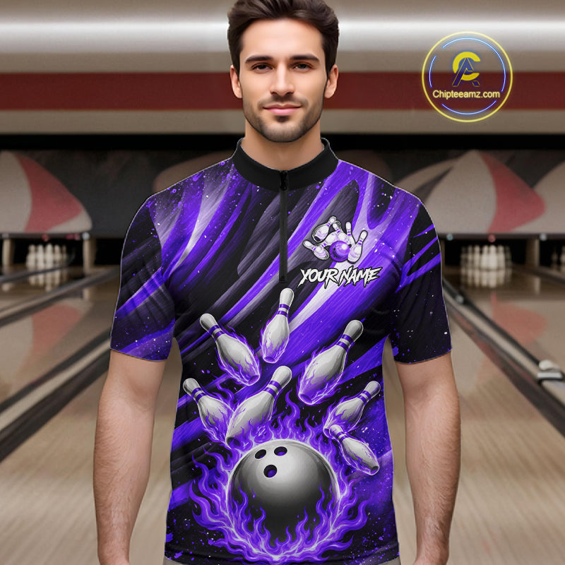 Custom Purple Flaming Silver Bowling Jersey For Men, Bowling League Team Shirts Polo & Quarter Zip TDM6550