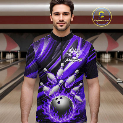 Custom Purple Flaming Silver Bowling Jersey For Men, Bowling League Team Shirts Polo & Quarter Zip TDM6550