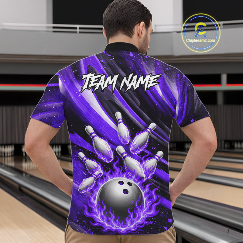 Custom Purple Flaming Silver Bowling Jersey For Men, Bowling League Team Shirts Polo & Quarter Zip TDM6550