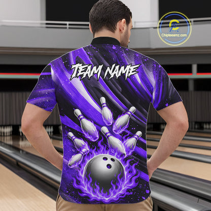 Custom Purple Flaming Silver Bowling Jersey For Men, Bowling League Team Shirts Polo & Quarter Zip TDM6550