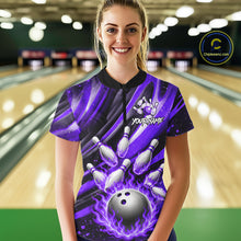 Load image into Gallery viewer, Custom Purple Flaming Silver Bowling Jersey For Women, Bowling League Team Shirts Polo &amp; Quarter Zip TDM6550