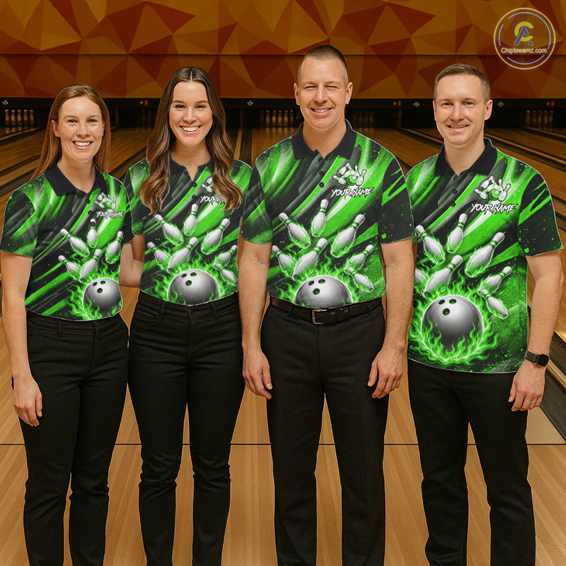 Custom Green Flaming Silver Bowling Jersey For Men, Bowling League Team Shirts Polo & Quarter Zip TDM6551