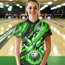 Load image into Gallery viewer, Custom Green Flaming Silver Bowling Jersey For Women, Bowling League Team Shirts Polo &amp; Quarter Zip TDM6551