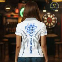 Load image into Gallery viewer, Back view of woman wearing a white and blue dartboard crown darts shirt.