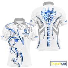 Load image into Gallery viewer, White and blue dartboard crown darts polo shirt for men with custom darts team graphics.