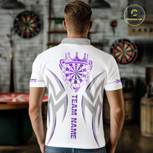 Load image into Gallery viewer, Back view of man wearing a white and purple dartboard crown darts shirt.