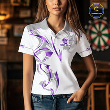 Load image into Gallery viewer, Woman wearing a white and purple dartboard crown darts jersey front view.