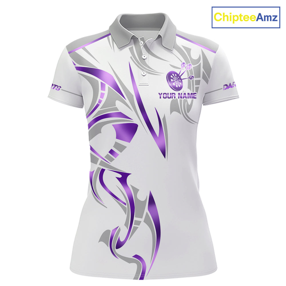 White and purple dartboard crown darts polo shirt for women with custom darts team graphics.