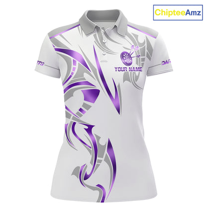 White and purple dartboard crown darts polo shirt for women with custom darts team graphics.