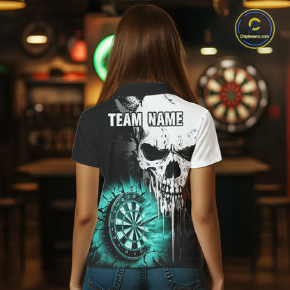 Personalized Grunge Skull Crack Wall Women Dart Shirts Custom Darts League Team Jerseys |Turquoise TDM2784