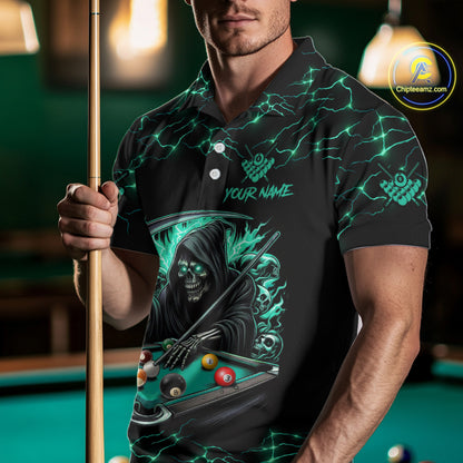 Turquoise Funny Grim Reaper 8 Ball Pool Men Billiard Shirt Custom Lightning Billiard Team Jerseys TDM5239