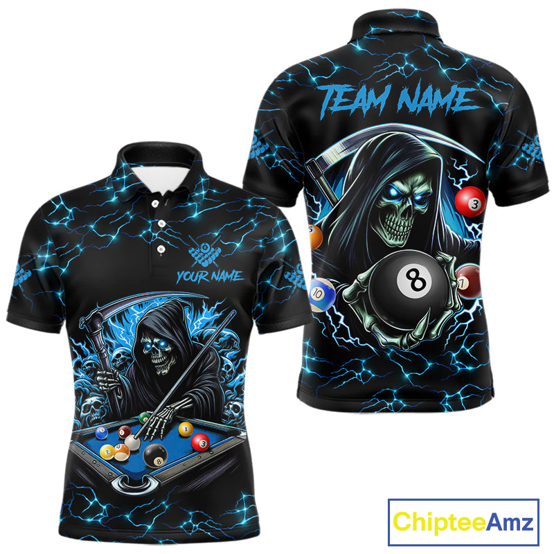 Blue Funny Grim Reaper 8 Ball Pool Men Billiard Shirts Custom Billiard Jersey Team Polo & 1/4 Zip TDM5240