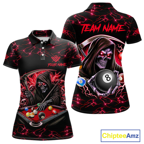 Red Funny Grim Reaper 8 Ball Pool Women Billiard Shirts Custom Billiard Jersey Team Polo & 1/4 Zip TDM5241