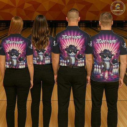 Pink Funny Cat Bowling Jersey For Men Custom Neon Graffiti Bowling Shirt Team Polo & 1/4 Zip TDM5756