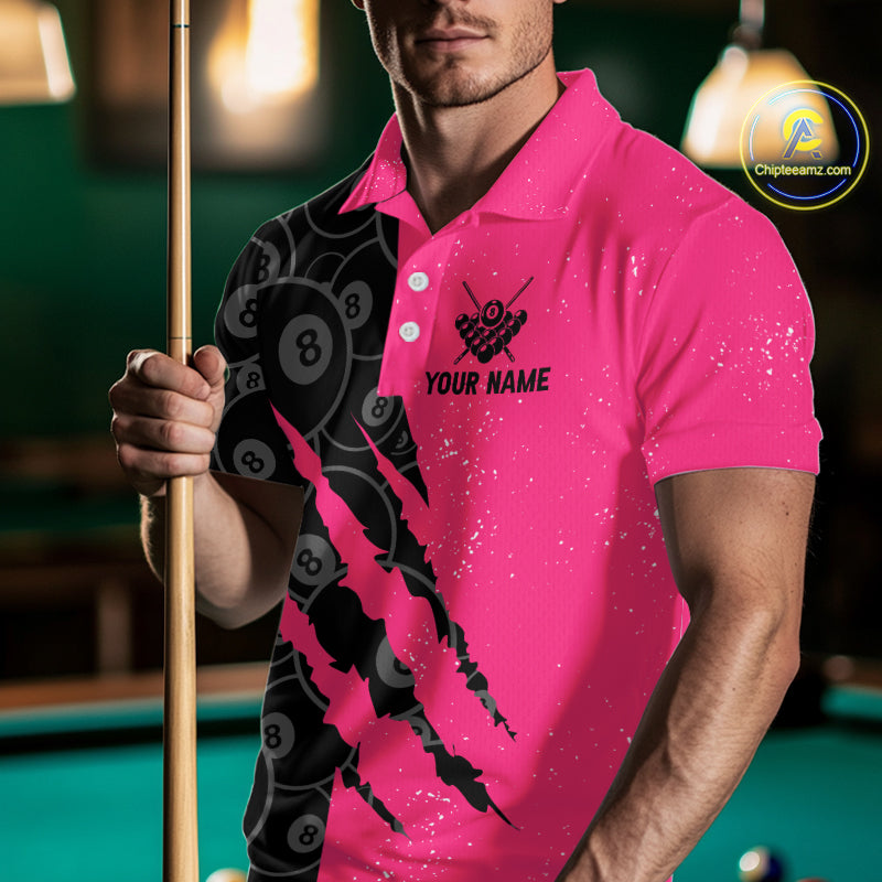 Custom Grunge Pink Black 8 Ball Pool Billiard Shirt For Men, Billiard Team Jersey Polo & 1/4 Zip TDM5960