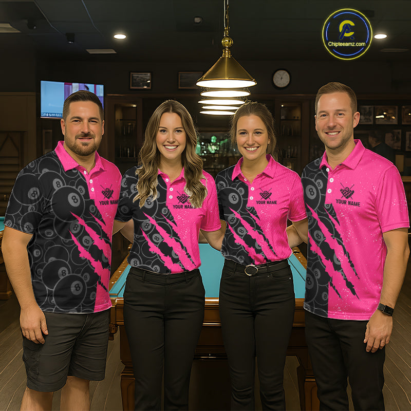Custom Grunge Pink Black 8 Ball Pool Billiard Shirt For Men, Billiard Team Jersey Polo & 1/4 Zip TDM5960