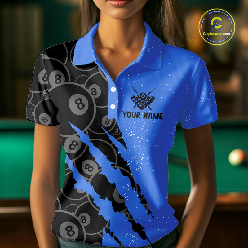 Custom Grunge Black And Blue 8 Ball Billiard Shirt For Women, Pool Team Jersey Polo & 1/4 Zip TDM5962