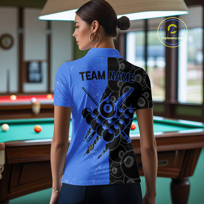 Custom Grunge Black And Blue 8 Ball Billiard Shirt For Women, Pool Team Jersey Polo & 1/4 Zip TDM5962