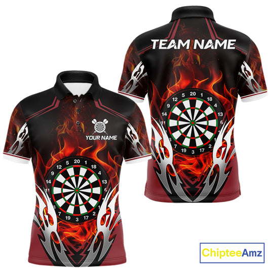 Red flaming silver darts polo shirt for men with custom darts team graphics.