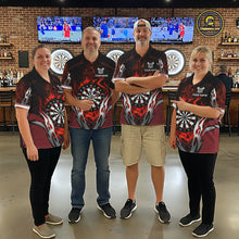 Load image into Gallery viewer, Darts team wearing matching red flaming silver darts jerseys during league competition front view.