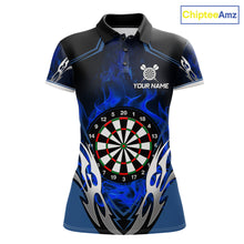 Load image into Gallery viewer, Blue flaming silver darts polo shirt for women with custom darts team graphics.