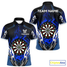 Load image into Gallery viewer, Blue flaming silver darts polo shirt for men with custom darts team graphics.