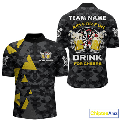 Darts and beer aim for fun drink for cheers darts quarter zip shirt for men designed for league tournaments and team events.